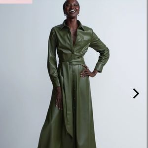 Faux Leather Maxi Shirt Dress - Green with Belt